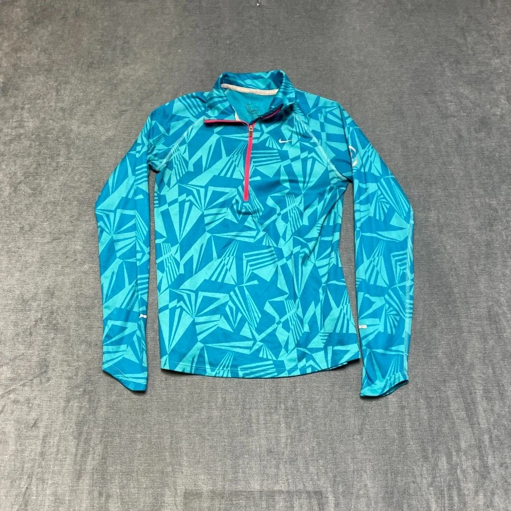 Nike Dri Fit Running Shirt Womens Medium Blue Long Sleeve Activewear Quarter Zip